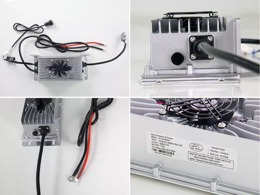 Close-up of golf cart batteries arranged neatly, showing their connections and labels.
