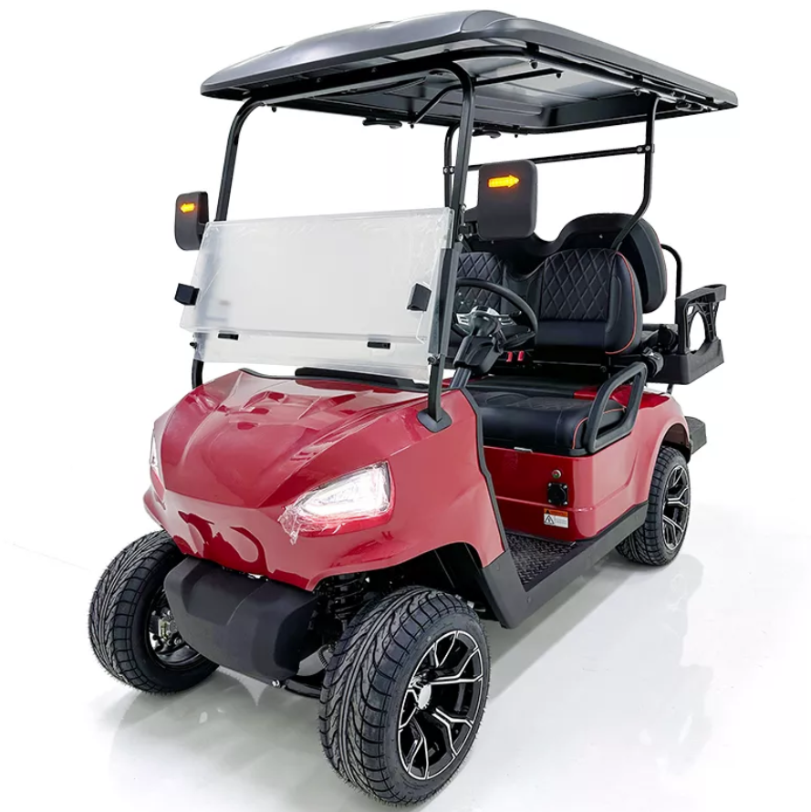 A row of colorful golf carts parked on a grassy area, ready for use on a golf course or community outing.