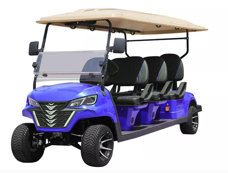 Image of a spacious 6-seater golf cart, designed for larger groups, providing comfortable and efficient transport for golf courses, resorts, or community use.