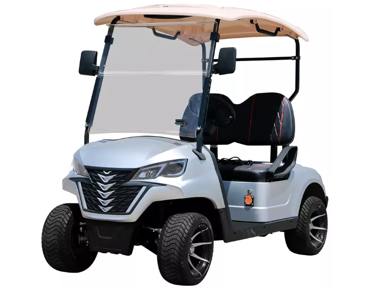 Image of a two-seat golf cart, designed for compact and efficient transportation, perfect for short trips on golf courses or small communities.
