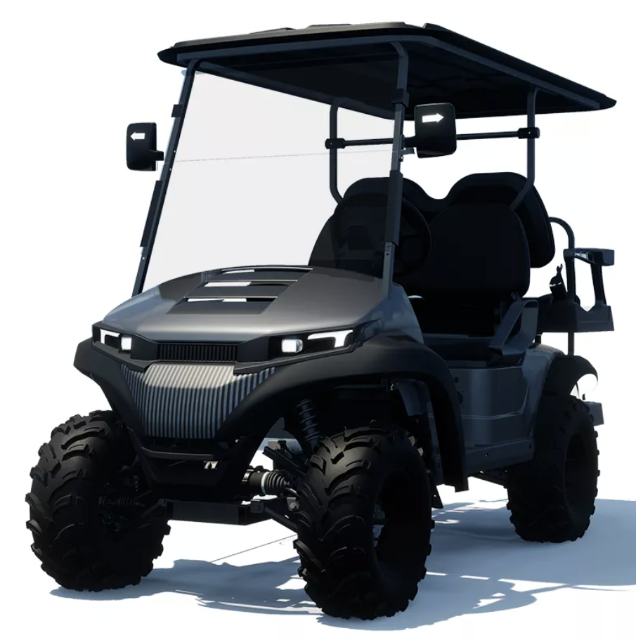 Golf cart driving on a residential street with safety features like headlights and mirrors visible