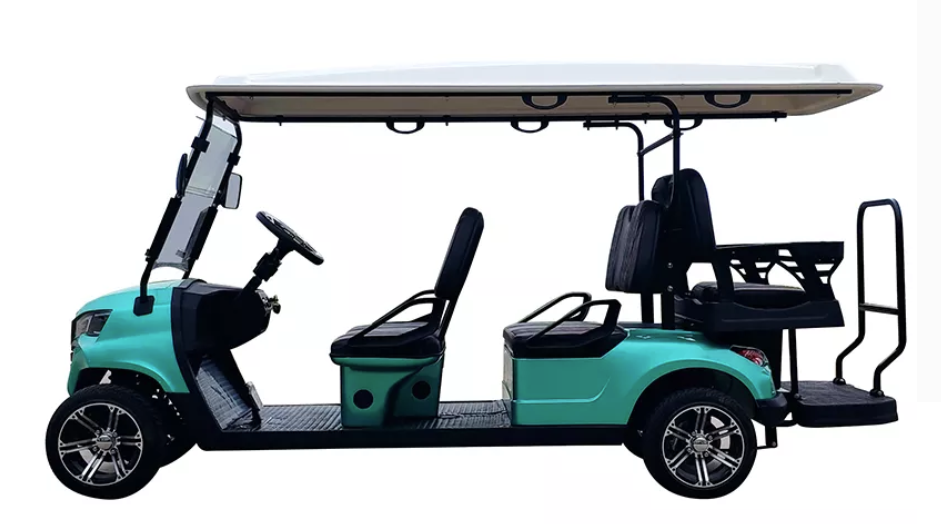 4+2 seats golf cart parked outdoors, showcasing a spacious and stylish design for comfortable rides.