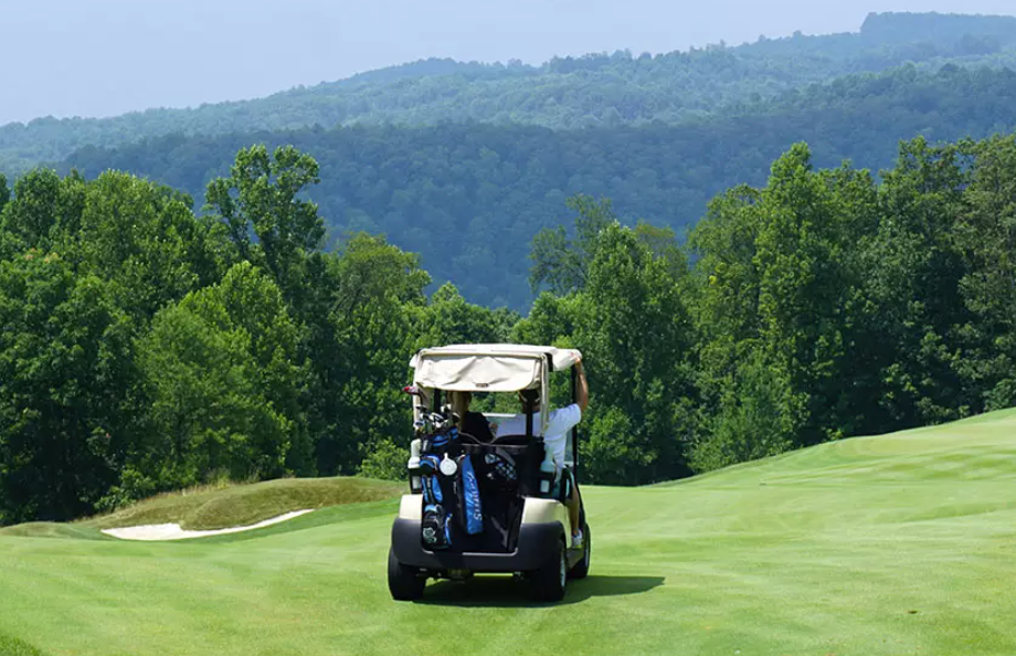 A row of golf carts parked on a golf course, ready for use by players.
